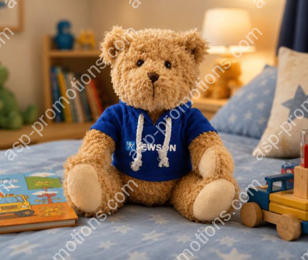 Plush teddy in blue hoody.
